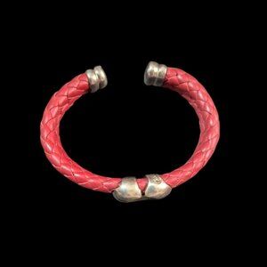 vintage Braided Red Leather Cuff Bracelet With Sterling Silver Heart Clasp and a